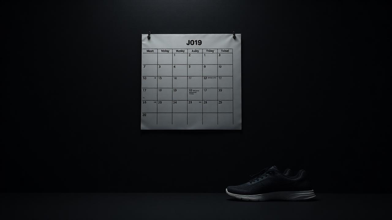 Wall calendar above a pair of training shoes in a dark minimal studio