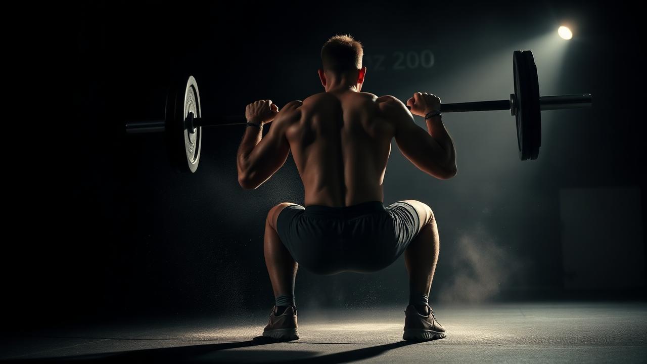 Low angle view of a lifter in the bottom of a barbell back squat in a dimly lit gym