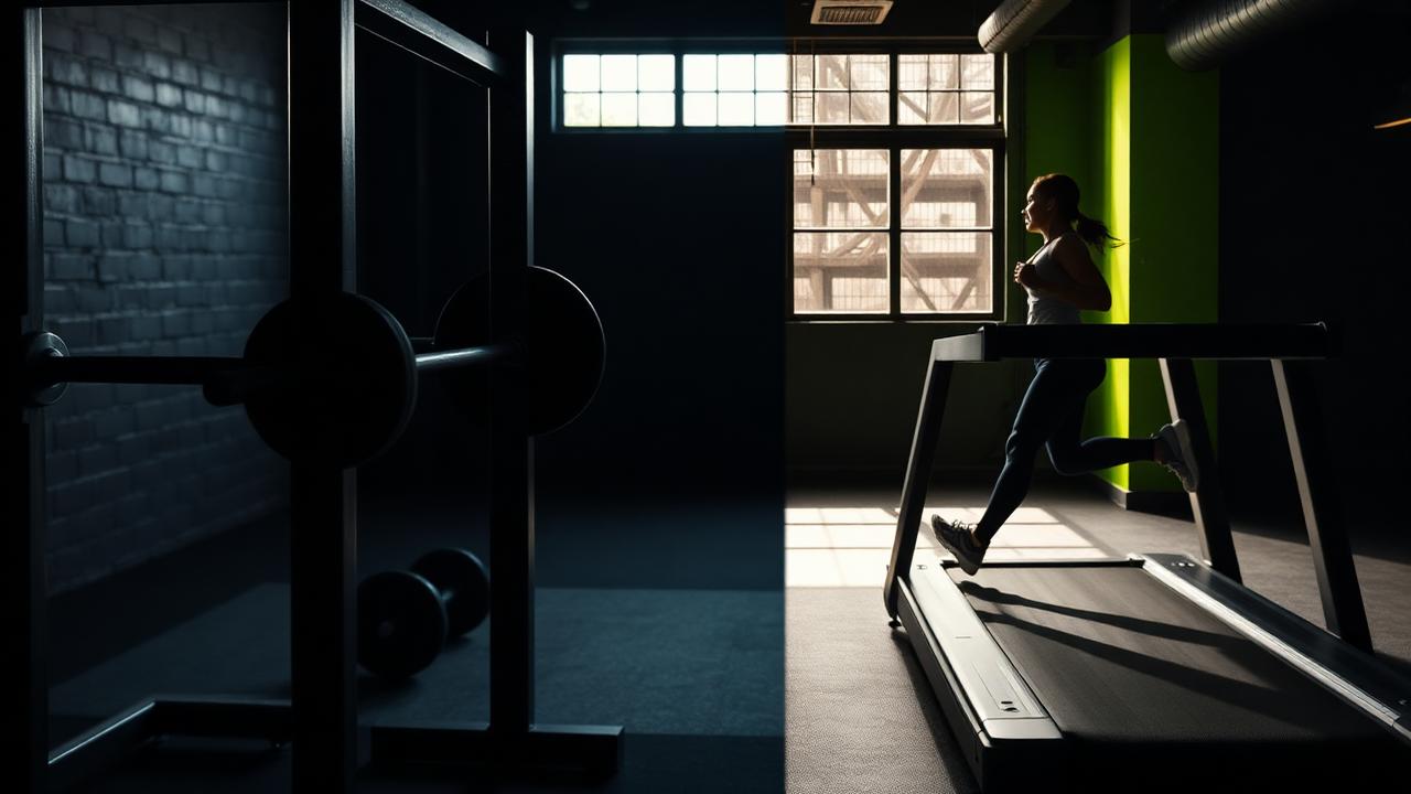 Split scene of a squat rack on the left and a runner on a treadmill on the right in a dark gym