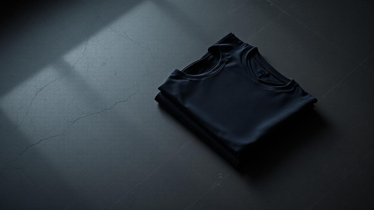 Folded technical training tee and leggings on a dark concrete surface in soft directional light